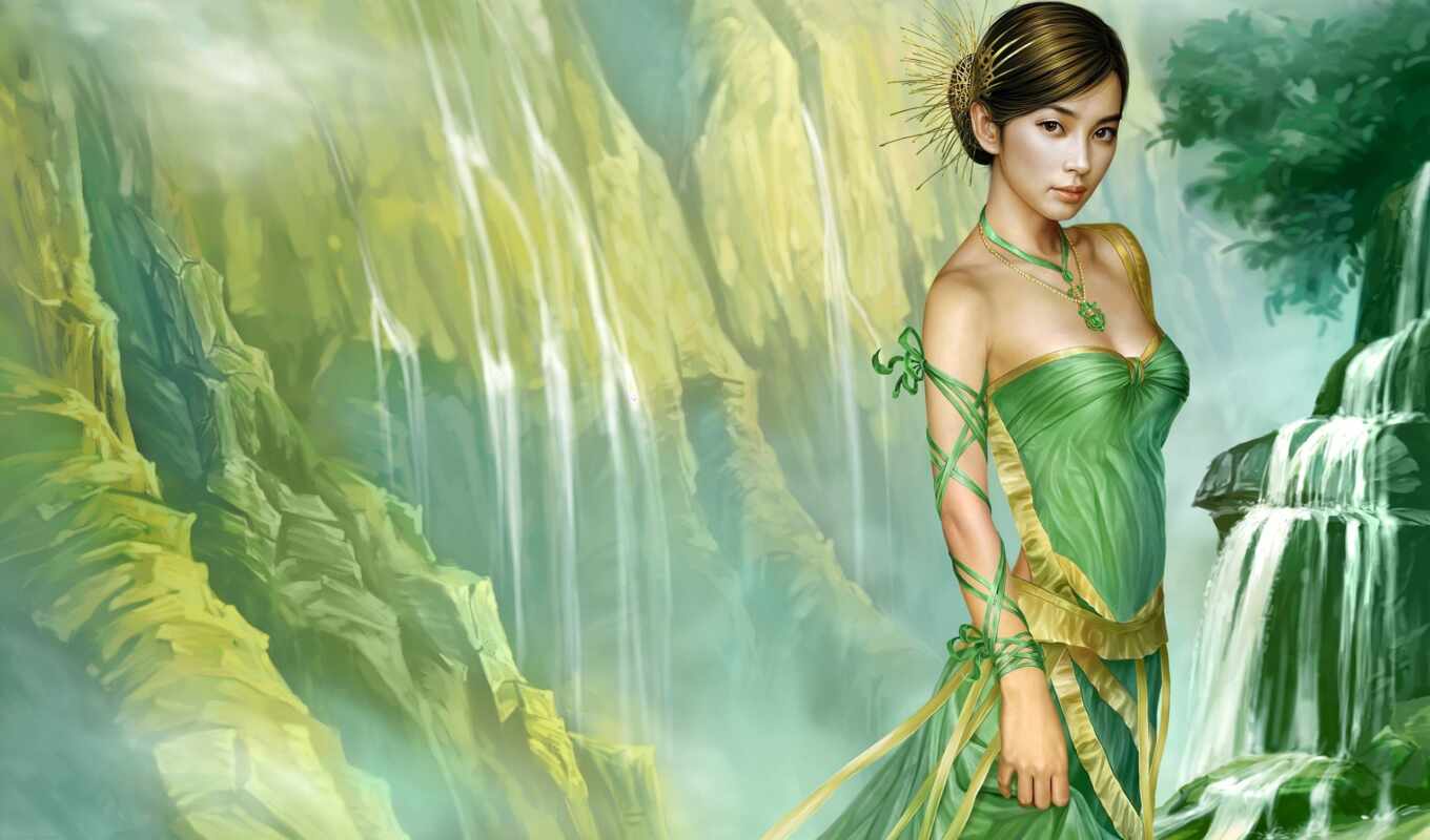 fone, девушка, платье, стоит, зеленом, fantasy, водопада, yuehui, tang