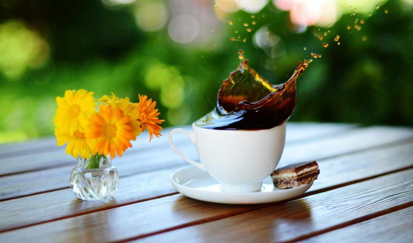 природа, цветы, coffee, сердце, который, брызги, утро, cup, напиток, завтрак, вред