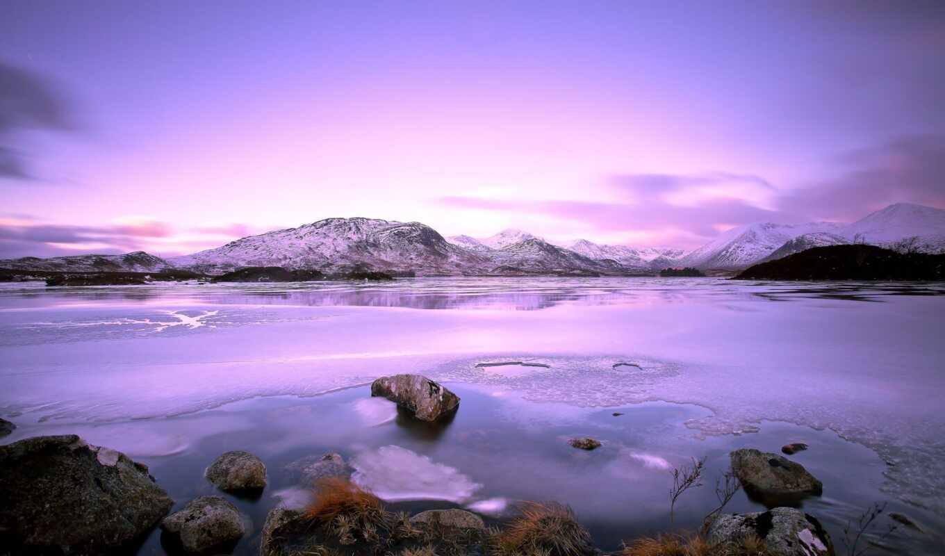 lake, nature, sky, purple, snow, winter, landscape
