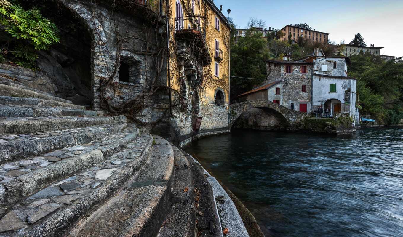 lake, wall, image, Italy, moto, italy, house, stairs, stairs, Italian