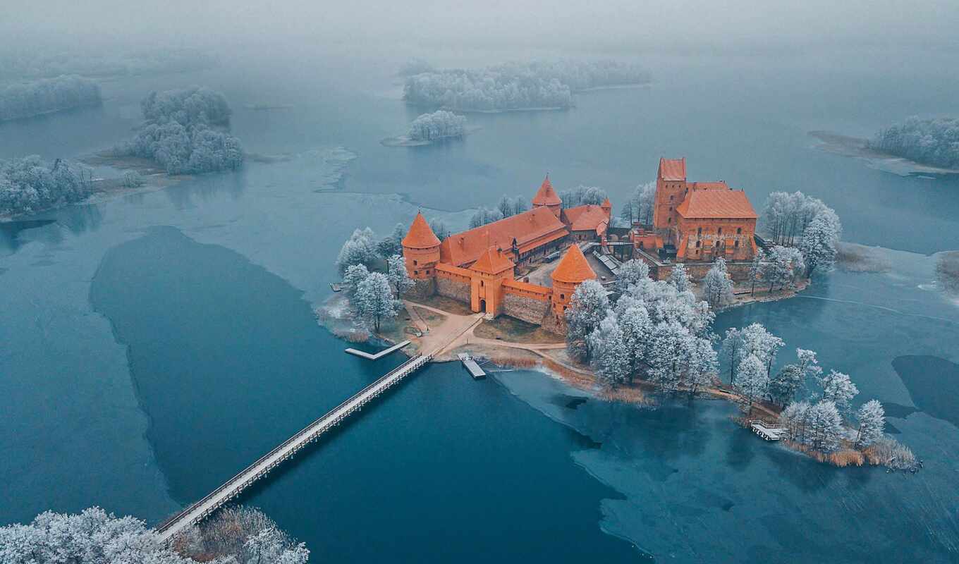 home, castle, island, Lithuania