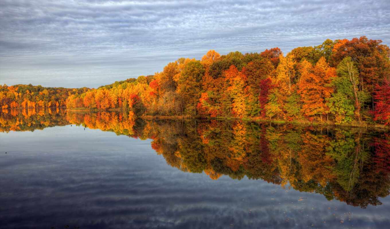 lake, nature, sky, water, forest, autumn, reflections, paints, trees