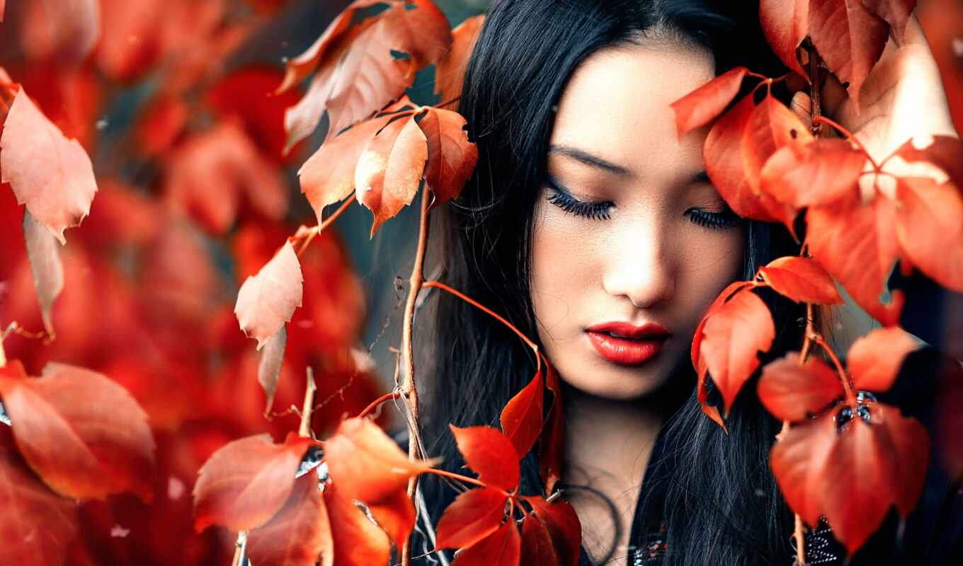 girl, red, perfect, autumn, side, leaf, makeup, cicco