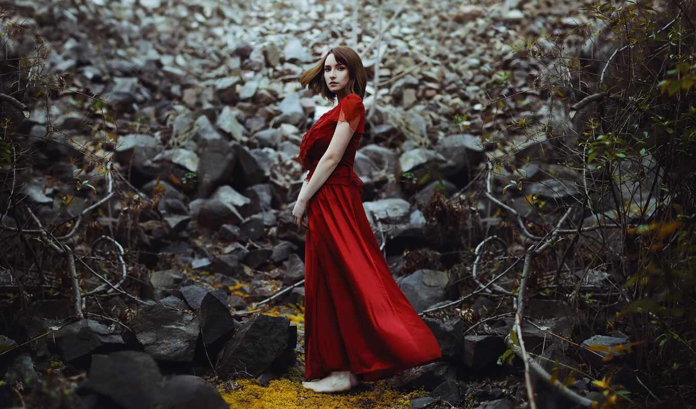 girl, red, dress, autumn