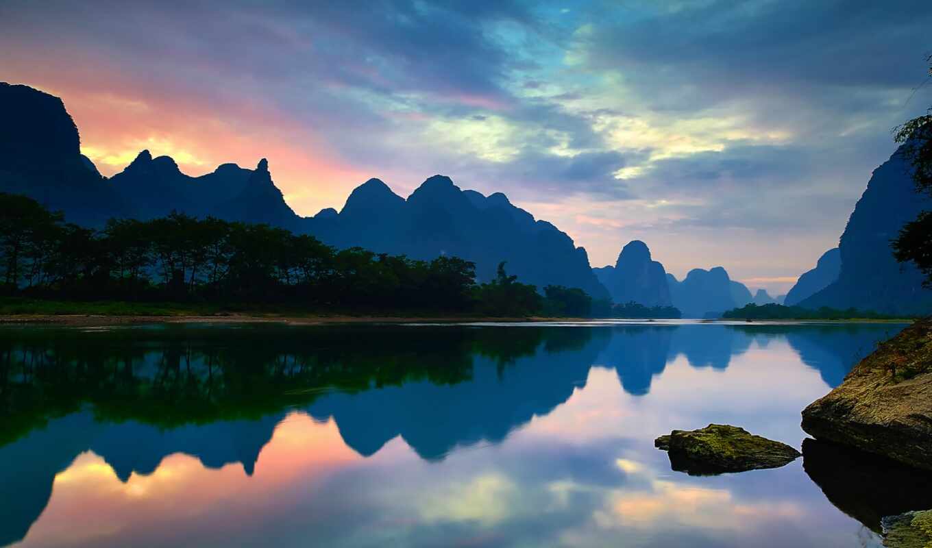 lake, photo, sunset, mountain, landscape, river, reflection, trip, china, guilin, lijiang