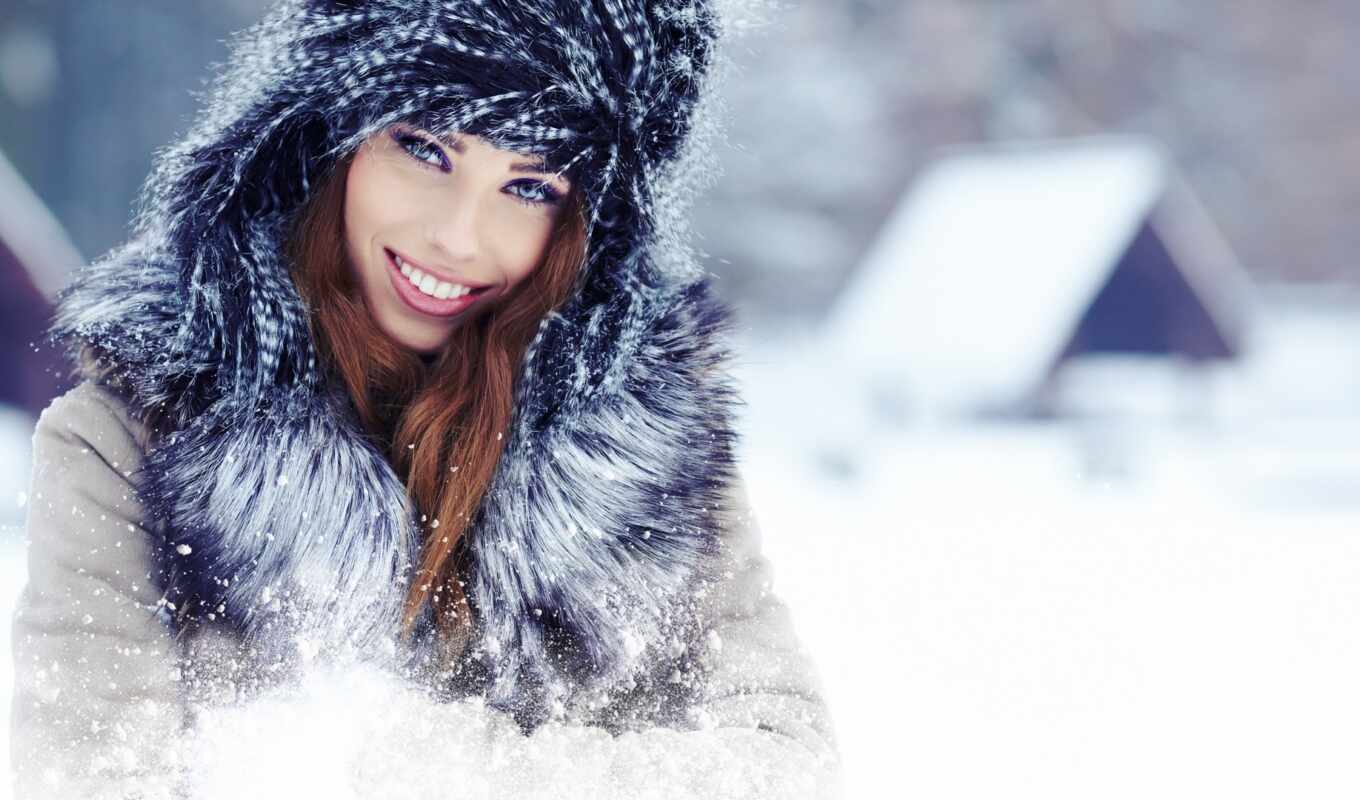 view, girl, snow, winter, smile, brown, joy, a cap