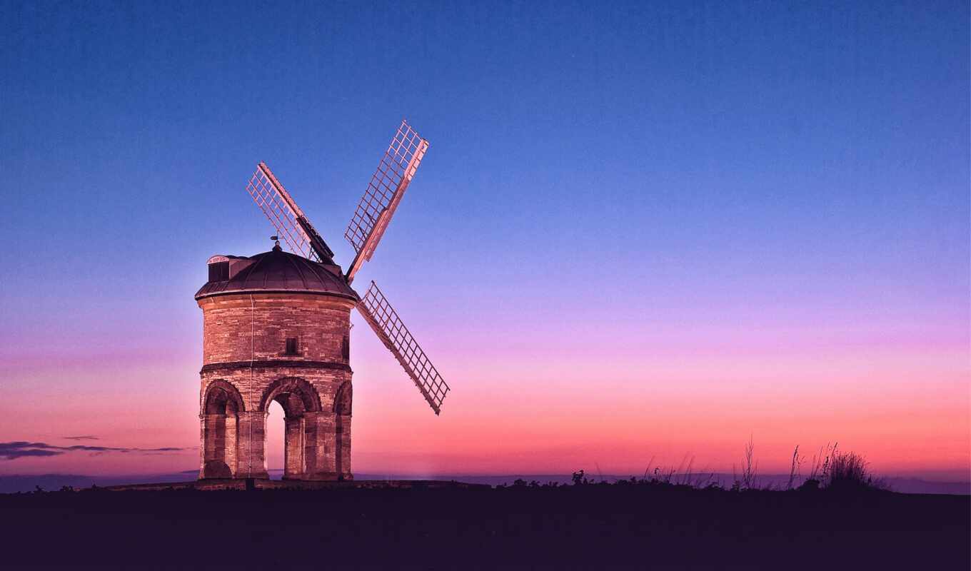sky, a computer, sun, sunset, field, evening, pink, orange, wallpaper, blue, mill
