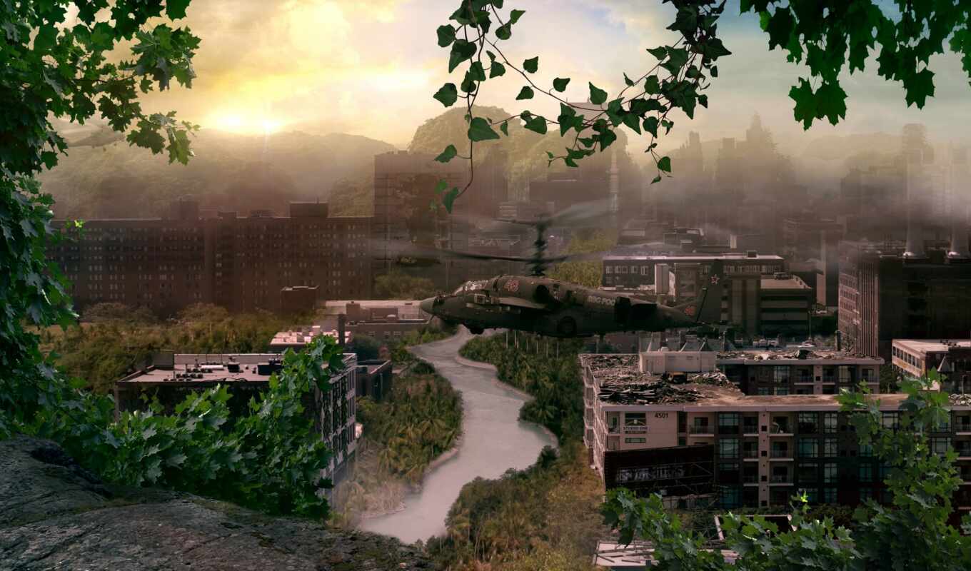 city, post, apocalypse, apocalyptic, trees, deviantart, helicopter