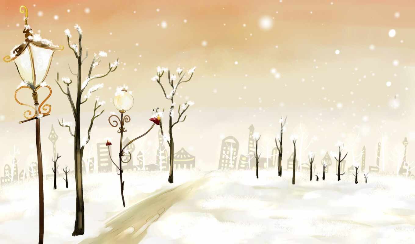 дерево, new, снег, winter, drawing, фонарик