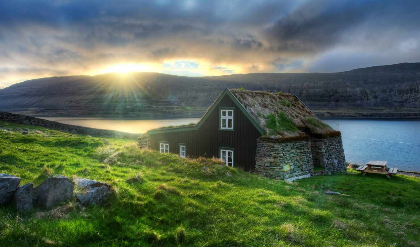 lake, house, sun, sunset, forest, morning, iceland, lakes, reykjavik, mountains