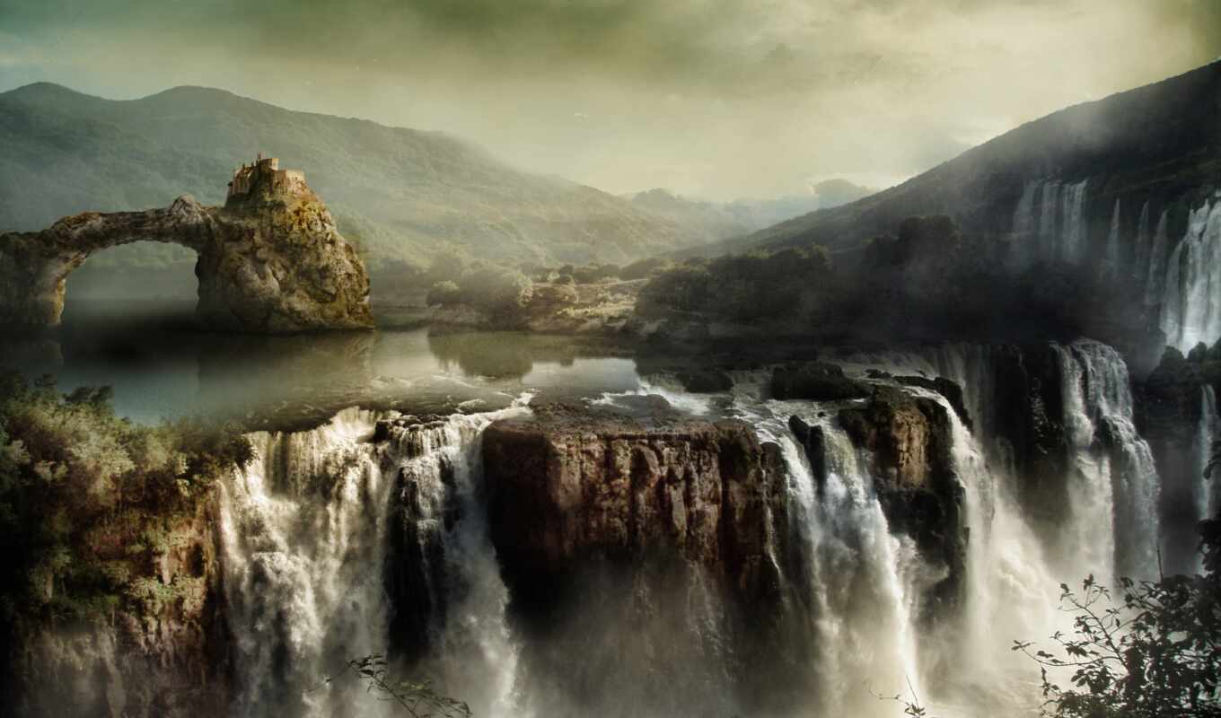 озеро, iphone, со, castle, стоит, among, горное, которого, скале, водопадом