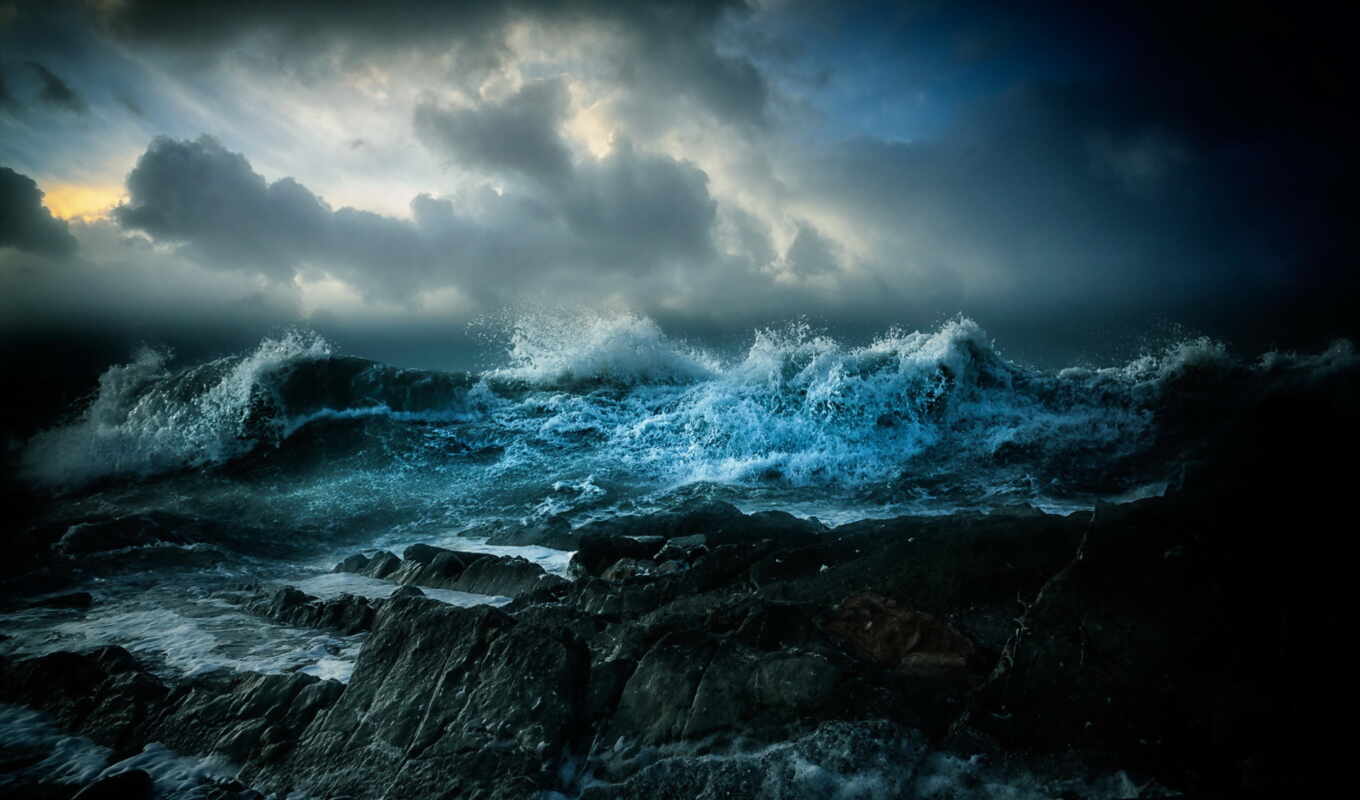 nature, sky, the storm, water, rock, landscape, sea, cloud, ocean, wave
