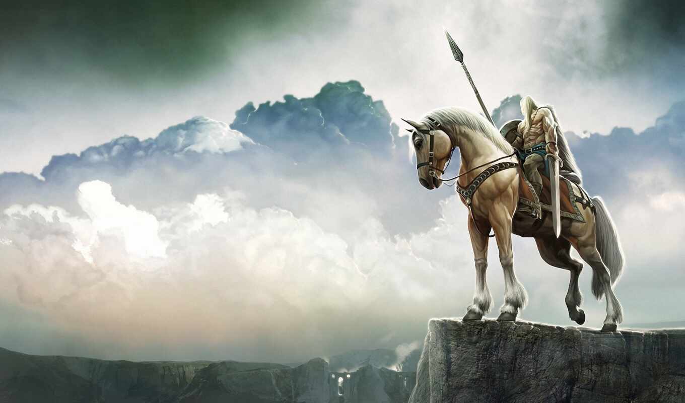 лошадь, воин, меч, fantastic, облако, пасмурный, всадник, копье, fentezti