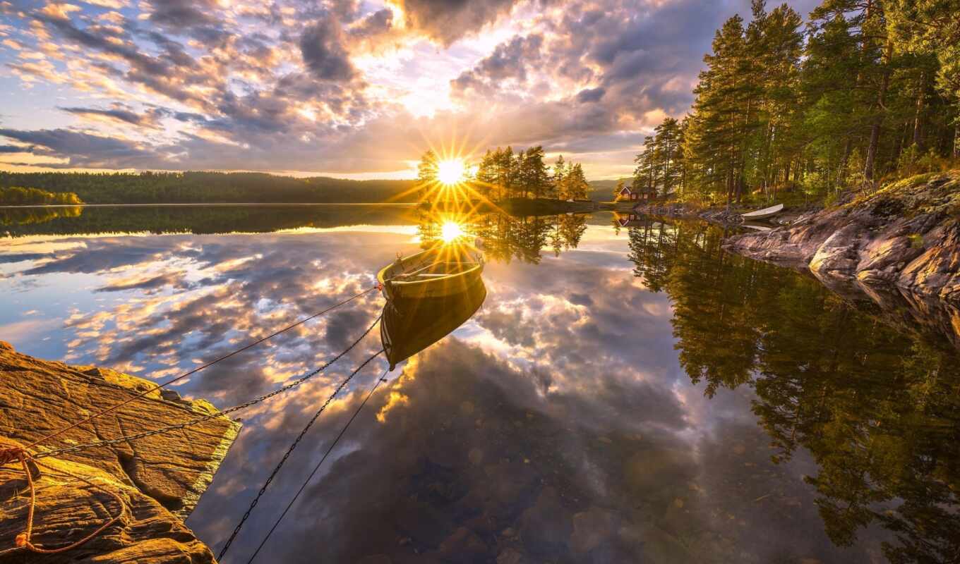 lake, house, sunset, water, trees, reflection, a boat, Norway, clouds, ring cycle