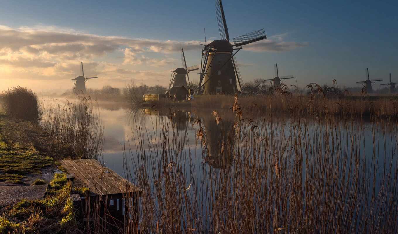 природа, трава, landscape, нидерланды, утро, река, mill, holland