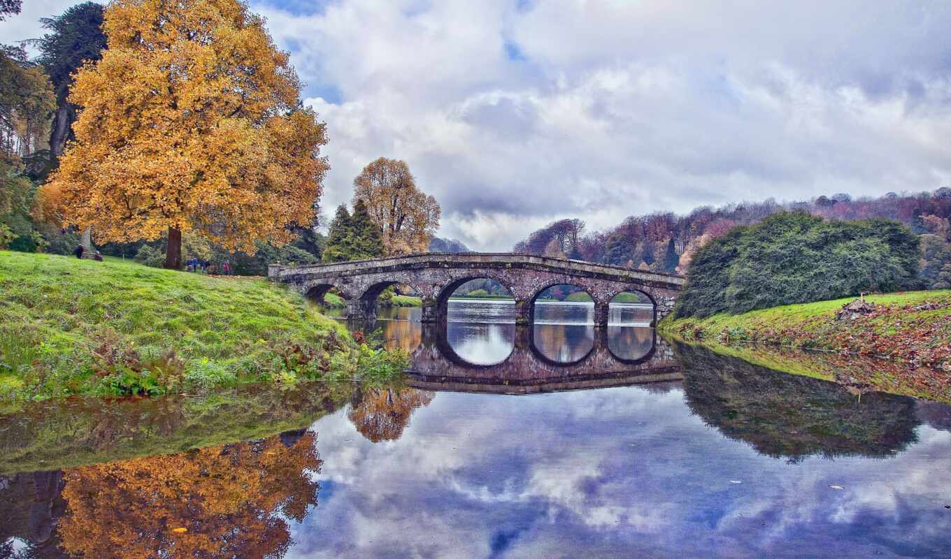 tree, Bridge, landscape, autumn, cloud, uk
