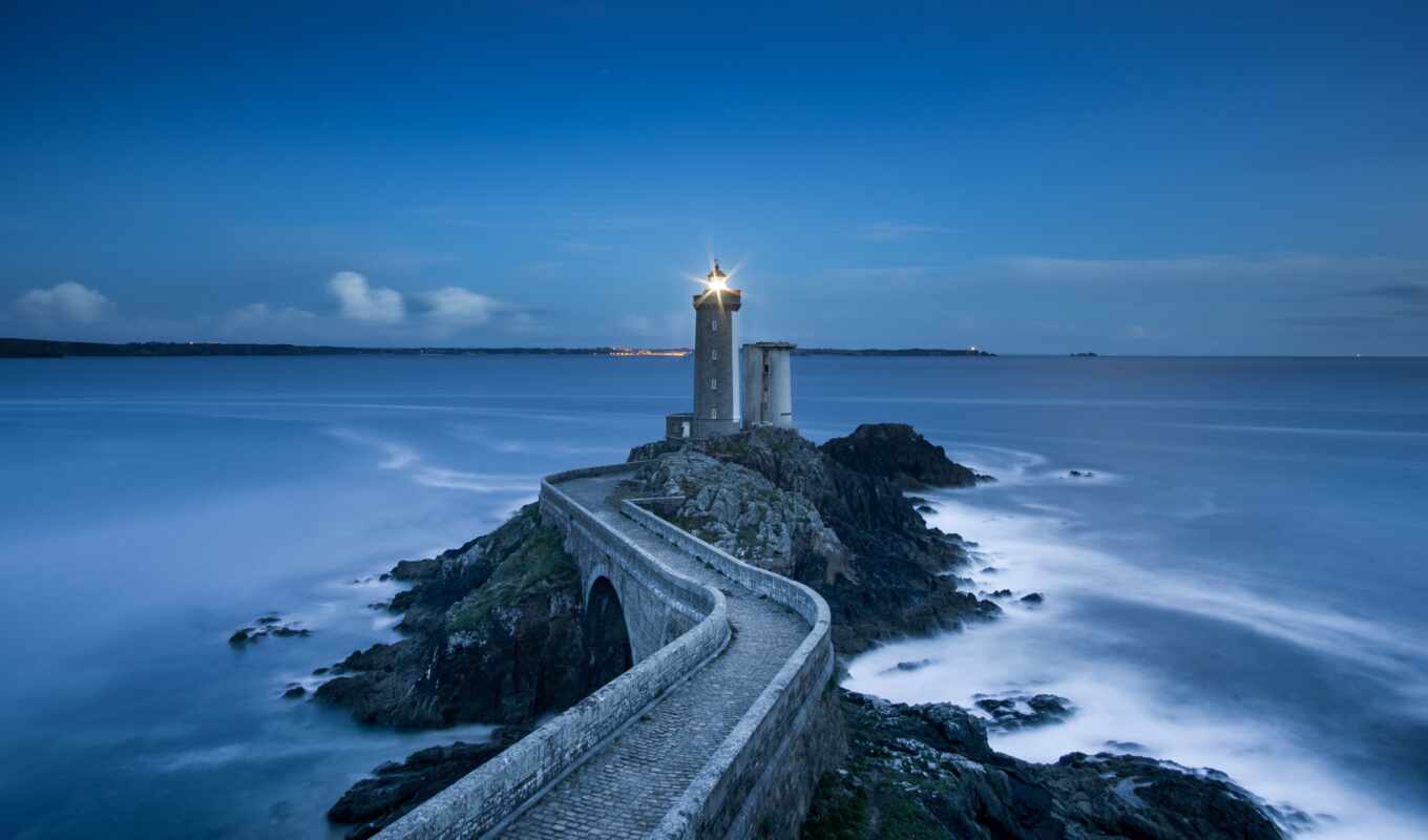 photo, wall, blue, stone, evening, landscape, sea, lighthouse, surf, horizon, expensive