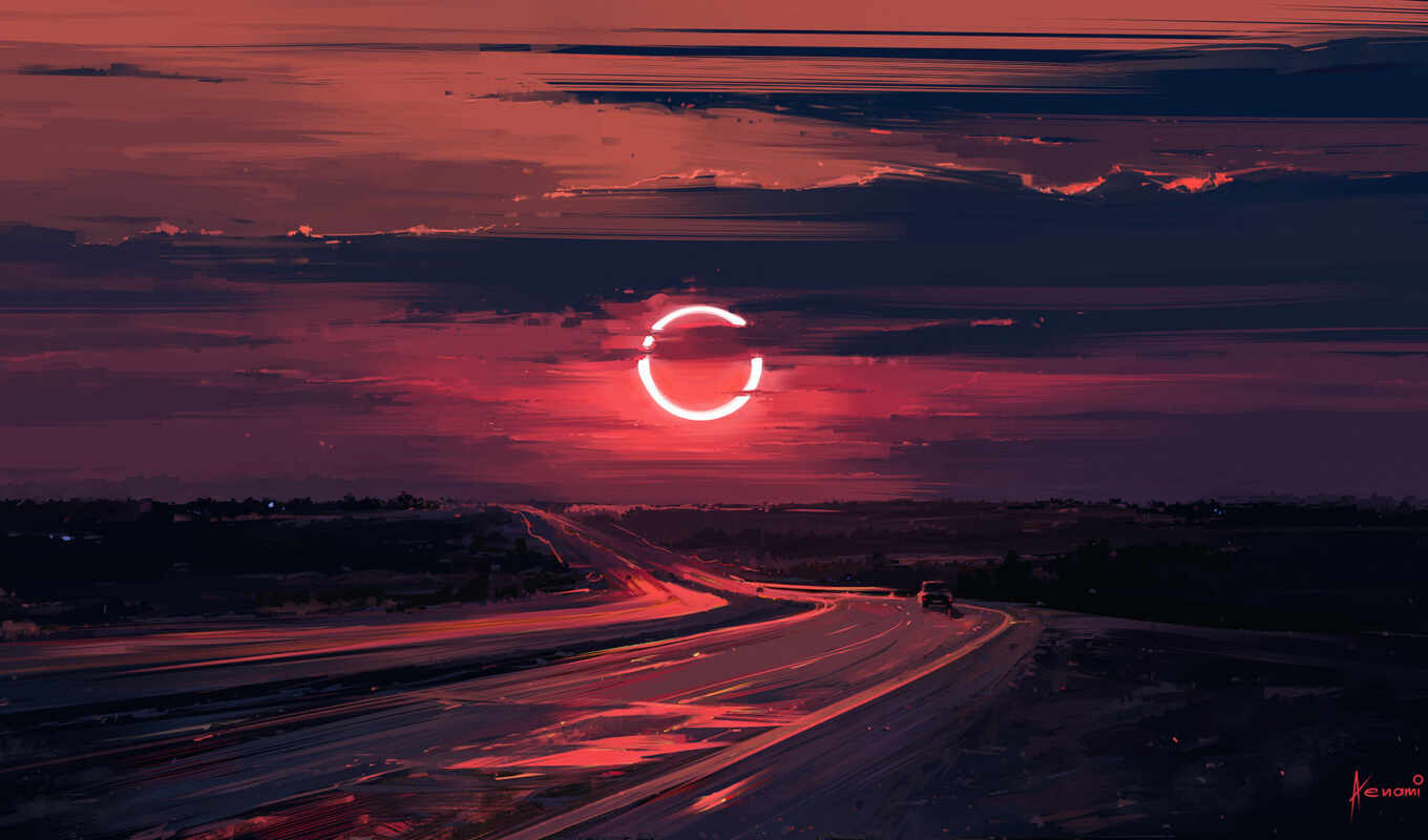 art, picture, sunset, road, eclipse, solar, influence, aenami