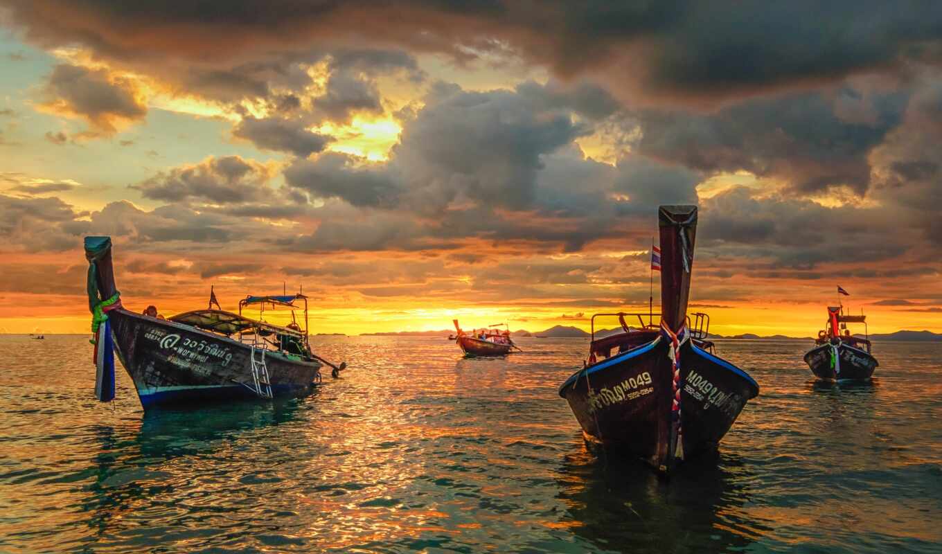 sunset, landscape, sea, thailand, a boat