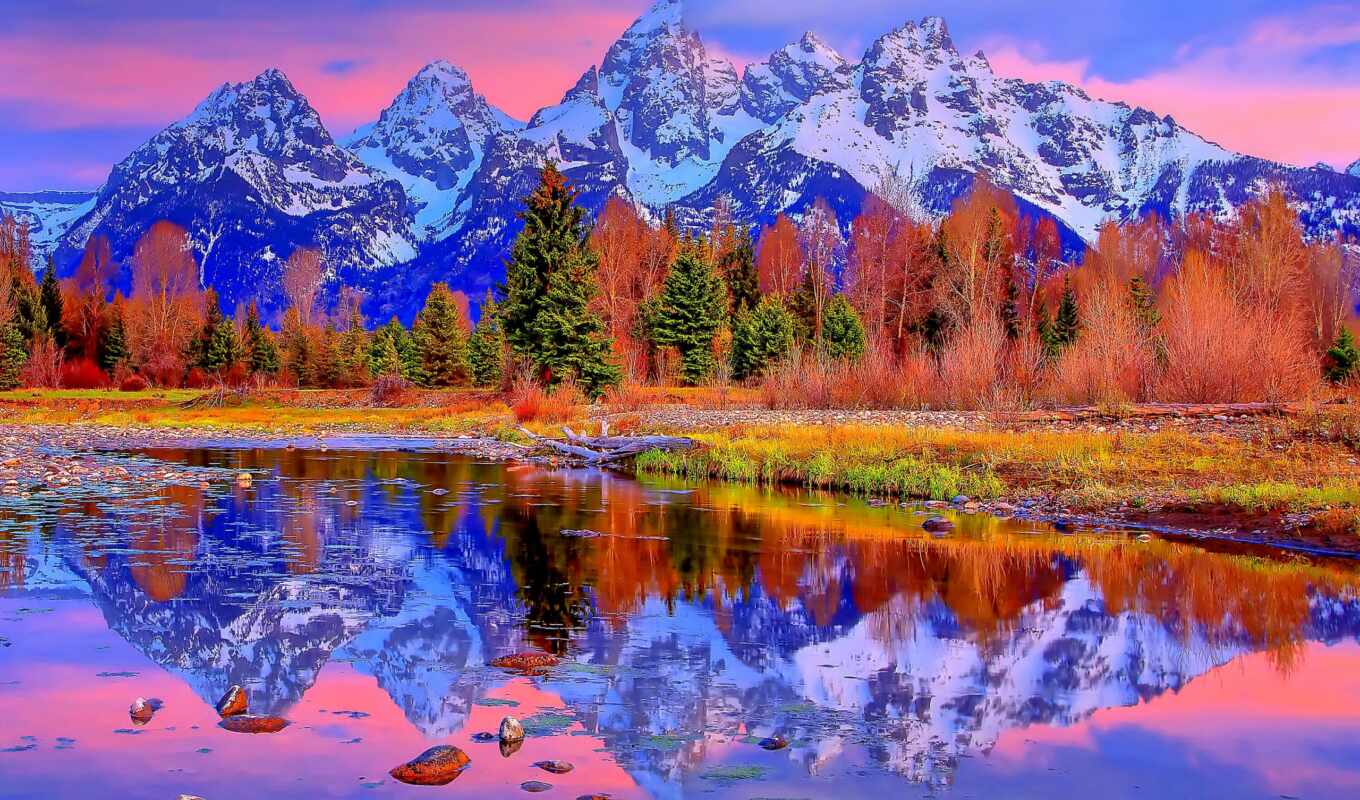 озеро, природа, небо, pictures, осень, trees, горах, oblaka, горы