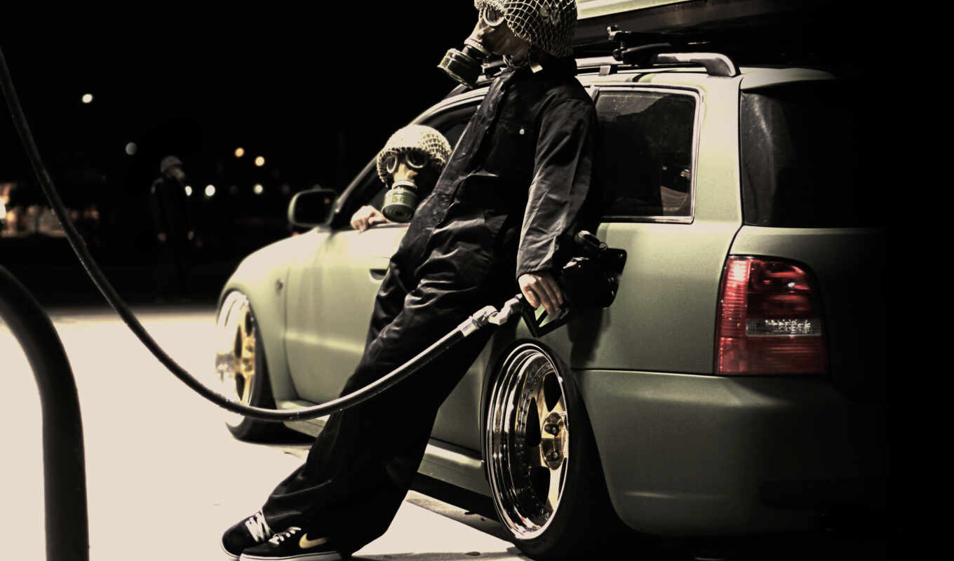 girl, car, rolls, sneakers, mask, camouflage, gas station, crazy