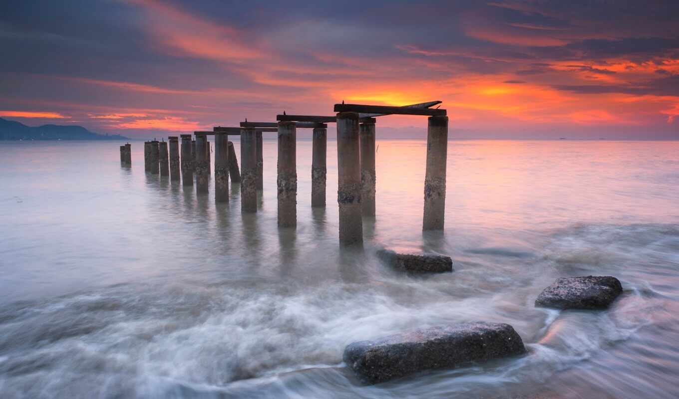 sky, red, sunset, sea, coast, pier, cloud, wave, wooden, pillar