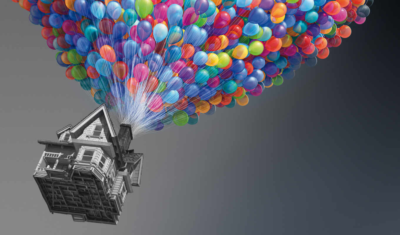 house, креатив, серый, полет, воздушные, шарики, разноцветные, взлёт