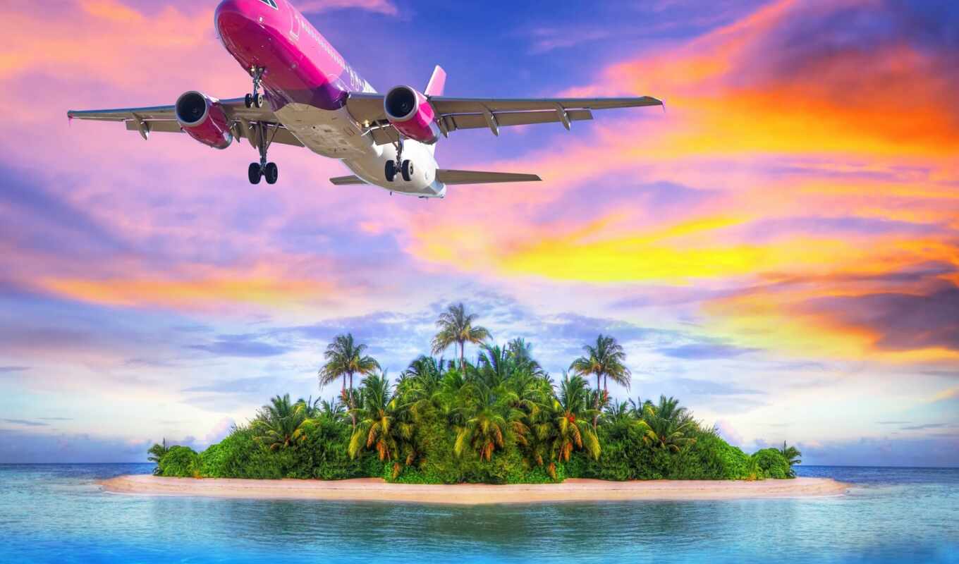со, самолёт, самолеты, пассажирский, летит, островом, пролетающий, высоту, набирающий