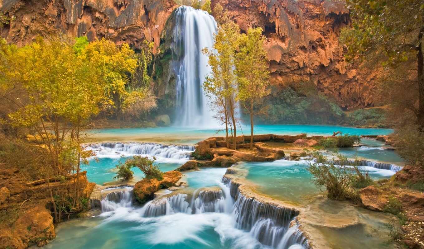 autumn, waterfall, trees, falls, arizona, rocks, havasu, map
