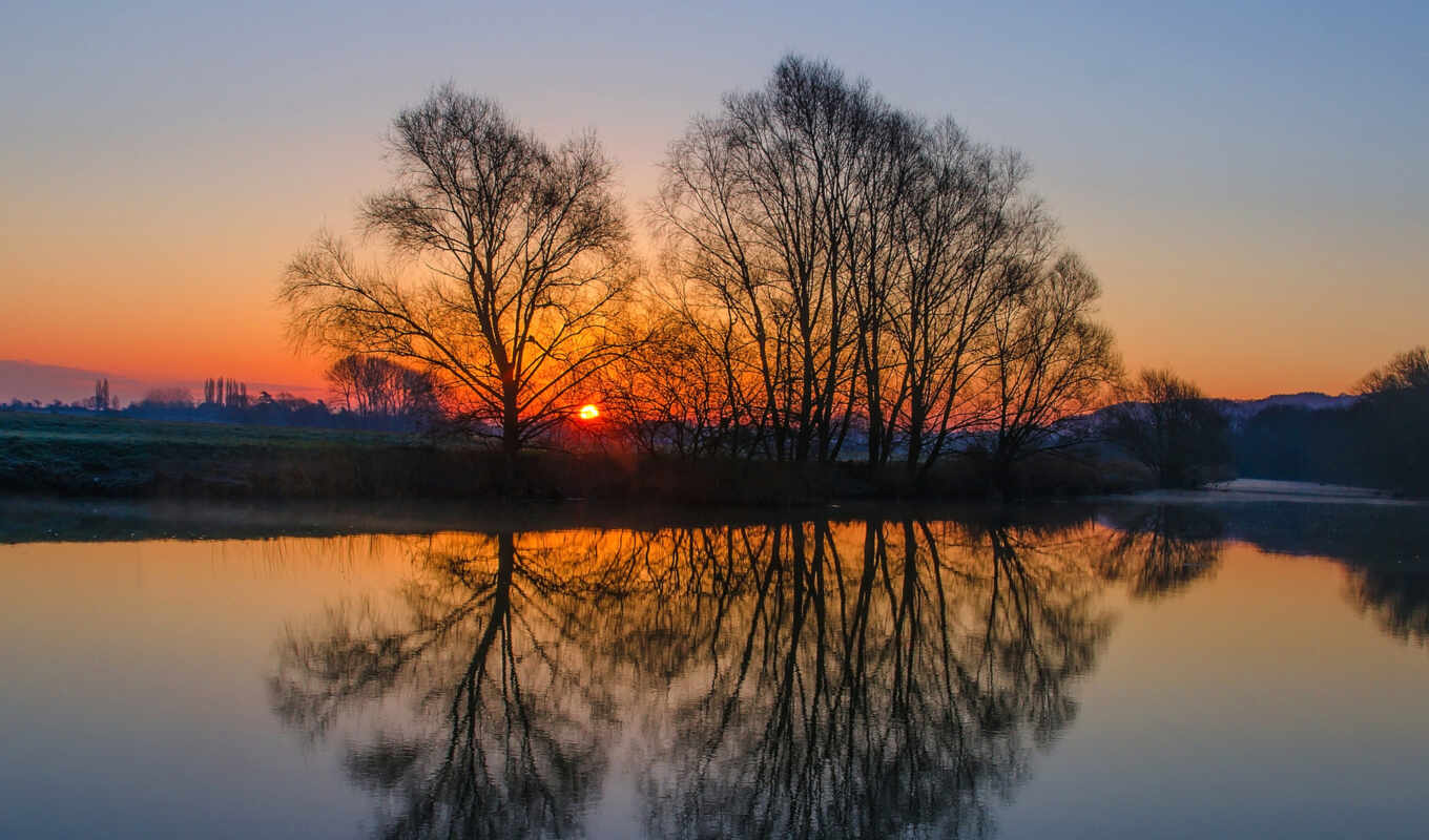 sunset, water, Great Britain, her, uk, river, trees, reflection, water, suns, trees
