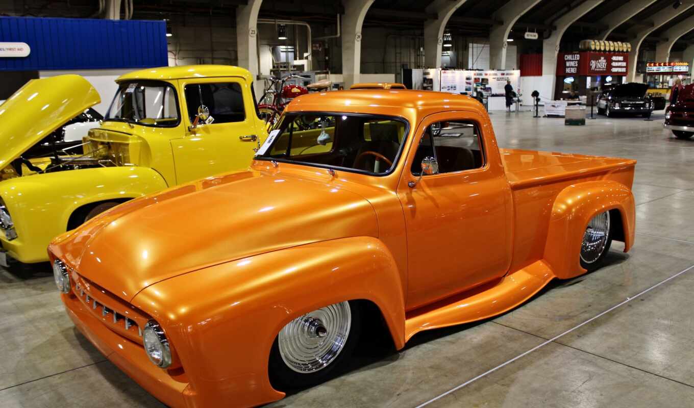 car, ford, оранжевый, yellow, custom, пикап, lower, low