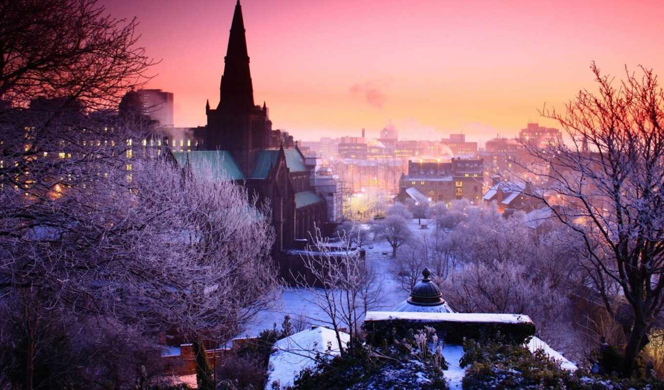 небо, дерево, город, снег, рассвет, winter, cityscape, build, шотландия, cathedral, прага