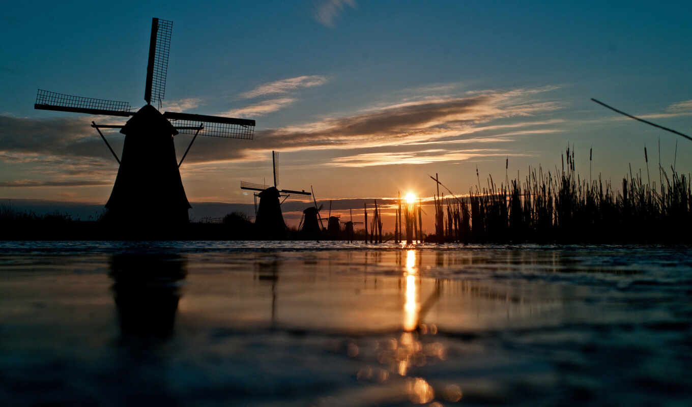 sun, grass, sunset, channel, wind, river, mill, windmill