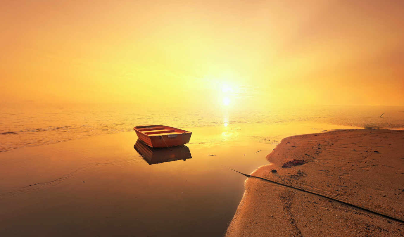 sunset, sea, a boat, besplatnooboi