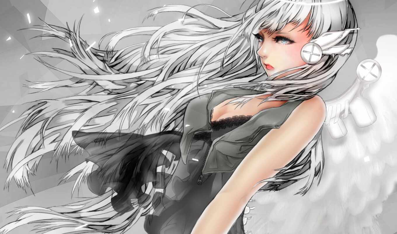 black, девушка, white, серый, anime, волосы, grey, silver, risunkianim