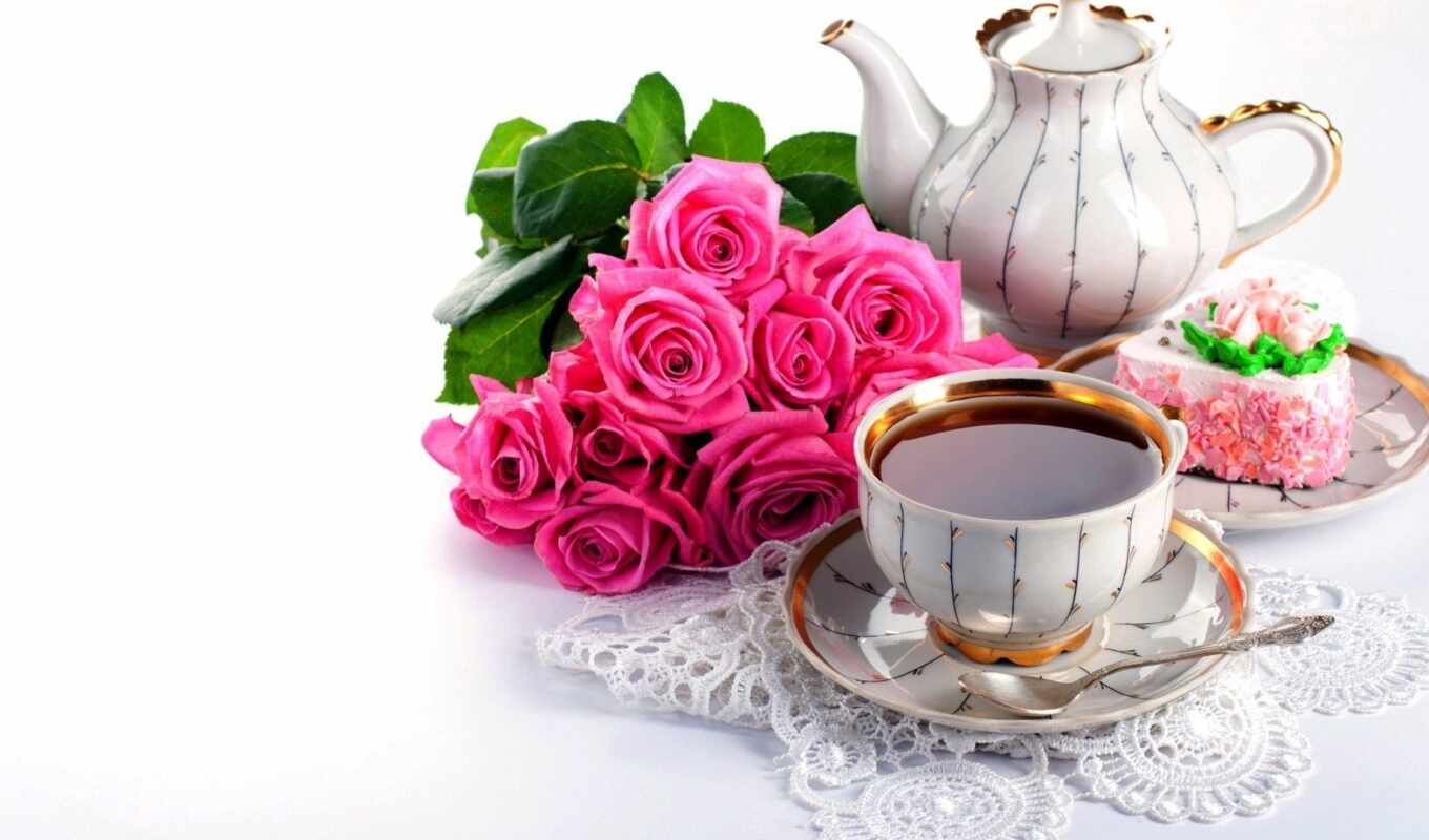 роза, coffee, род, утро, cup, чая, cvety, postcard