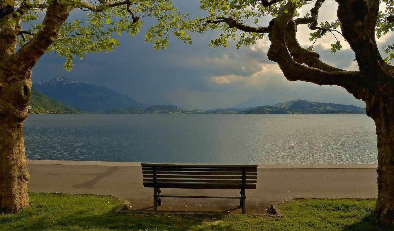 lake, nature, music, tree, mountain, place, park, quiet, bench, calmness