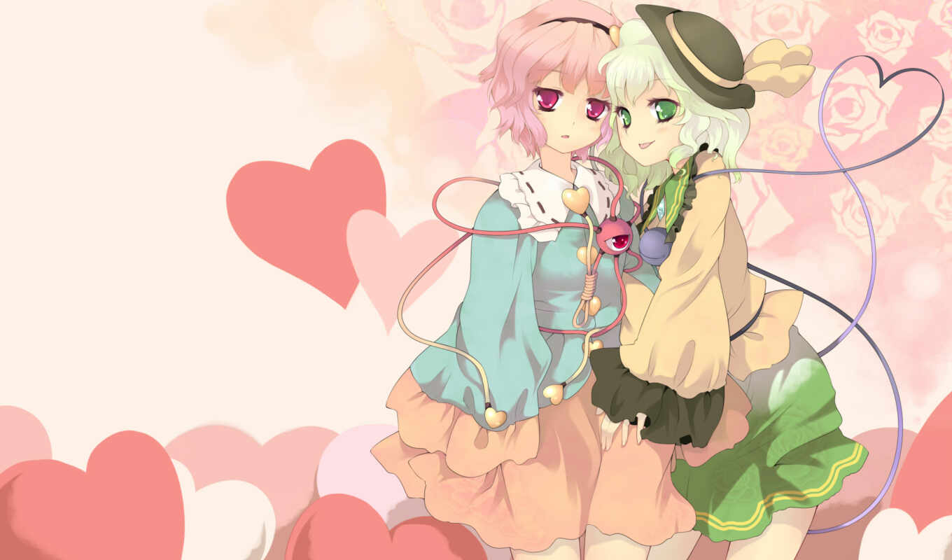 green, hair, eyes, tags, post, heart, pink, hat, hair, komeiji, koishi, satori, hoko, jungetsu