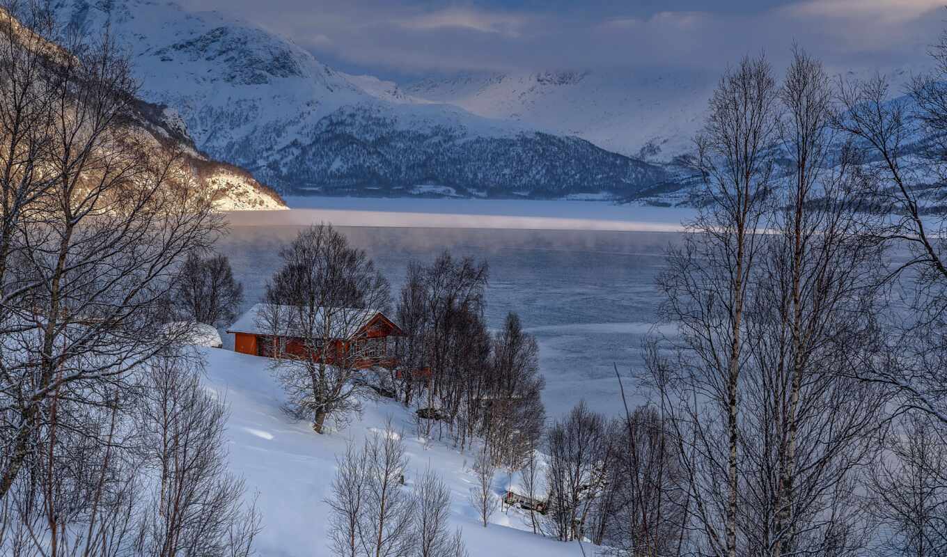 lake, house, snow, station, winter, mountain, hill