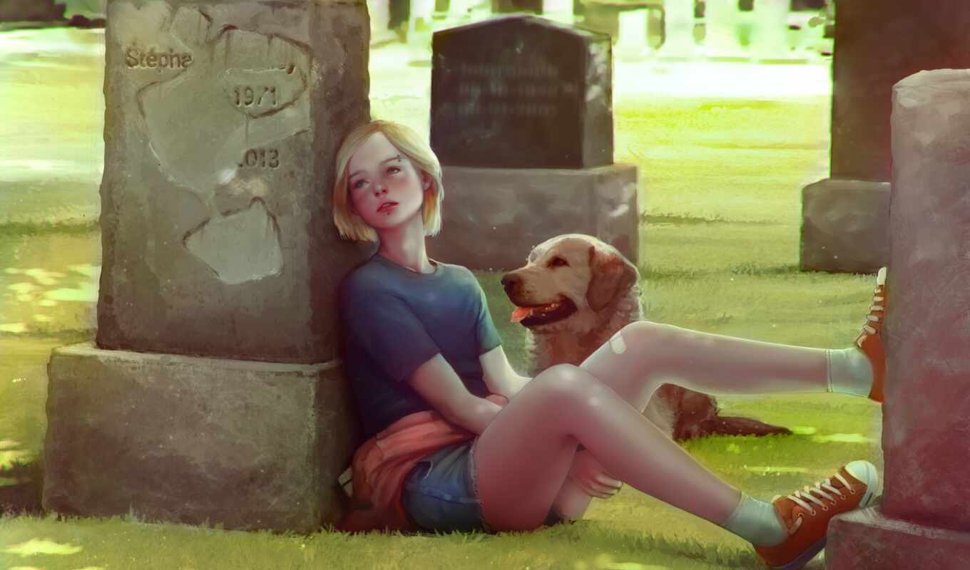 girl, dog, art, cemetery