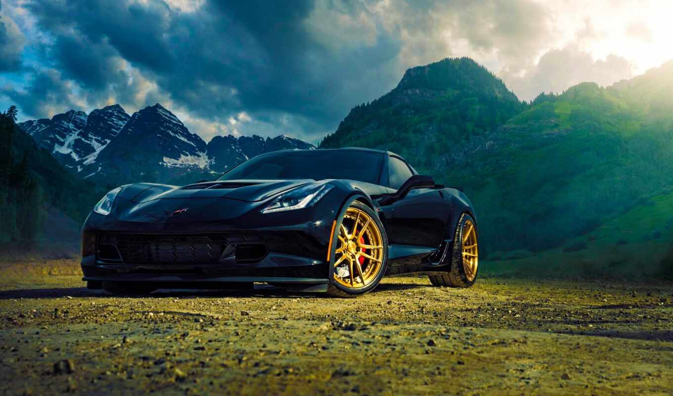 black, blue, view, background, mountain, auto, car, chevrolet, corvette, screensaver