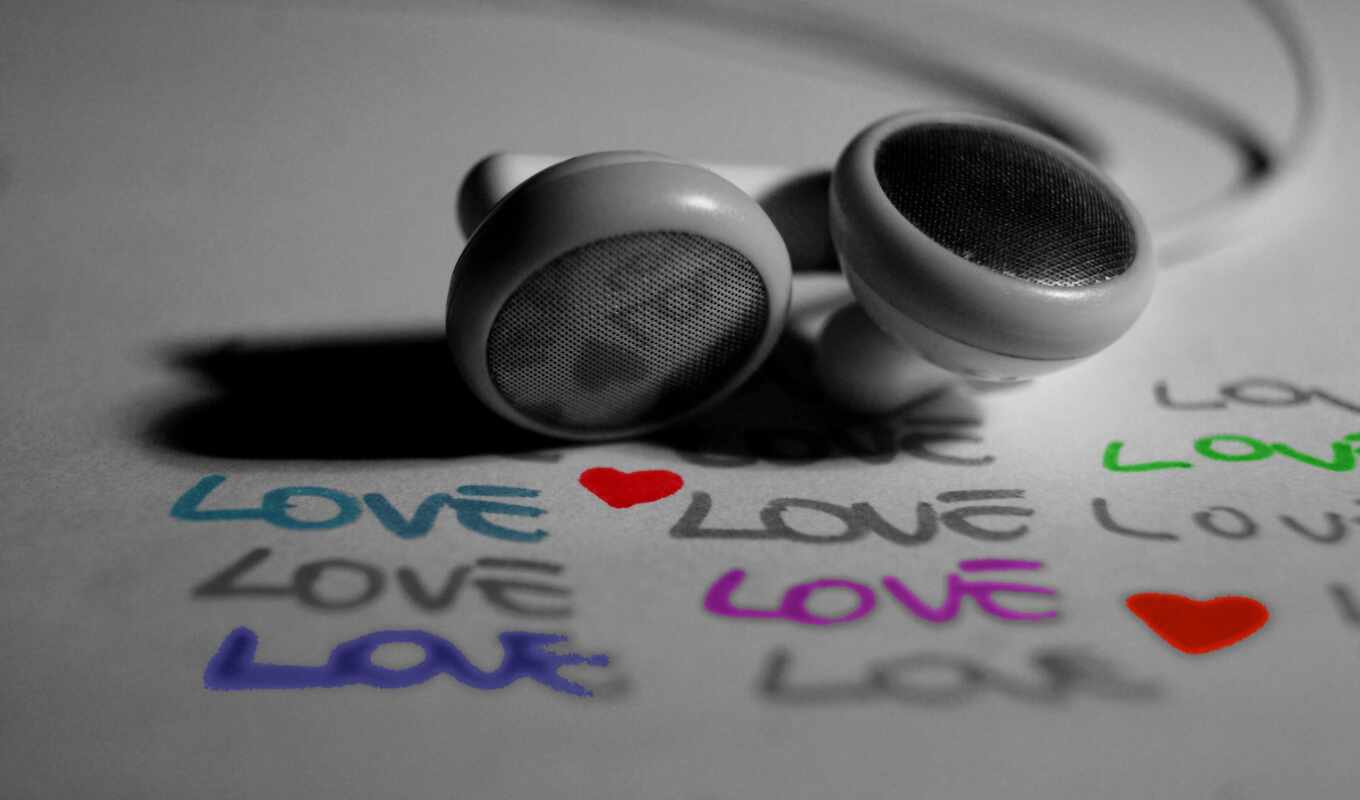 чёрно, headphones, love, надпись, макро, белое, маленькие, пищалки