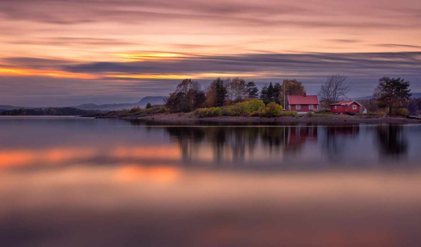 озеро, природа, небо, red, дерево, закат, утро, норвегия