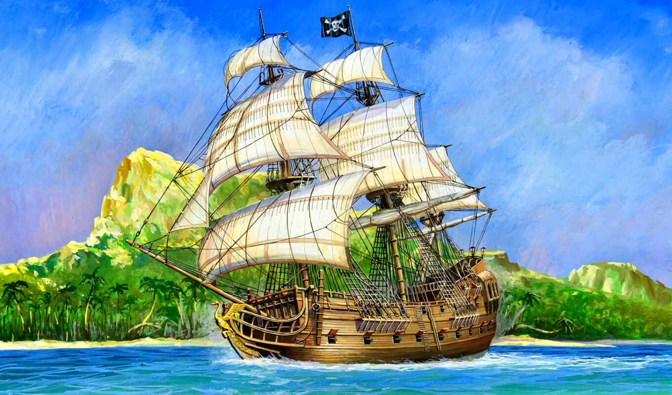 art, black, ship, model, pirate, swan, sail, galeon