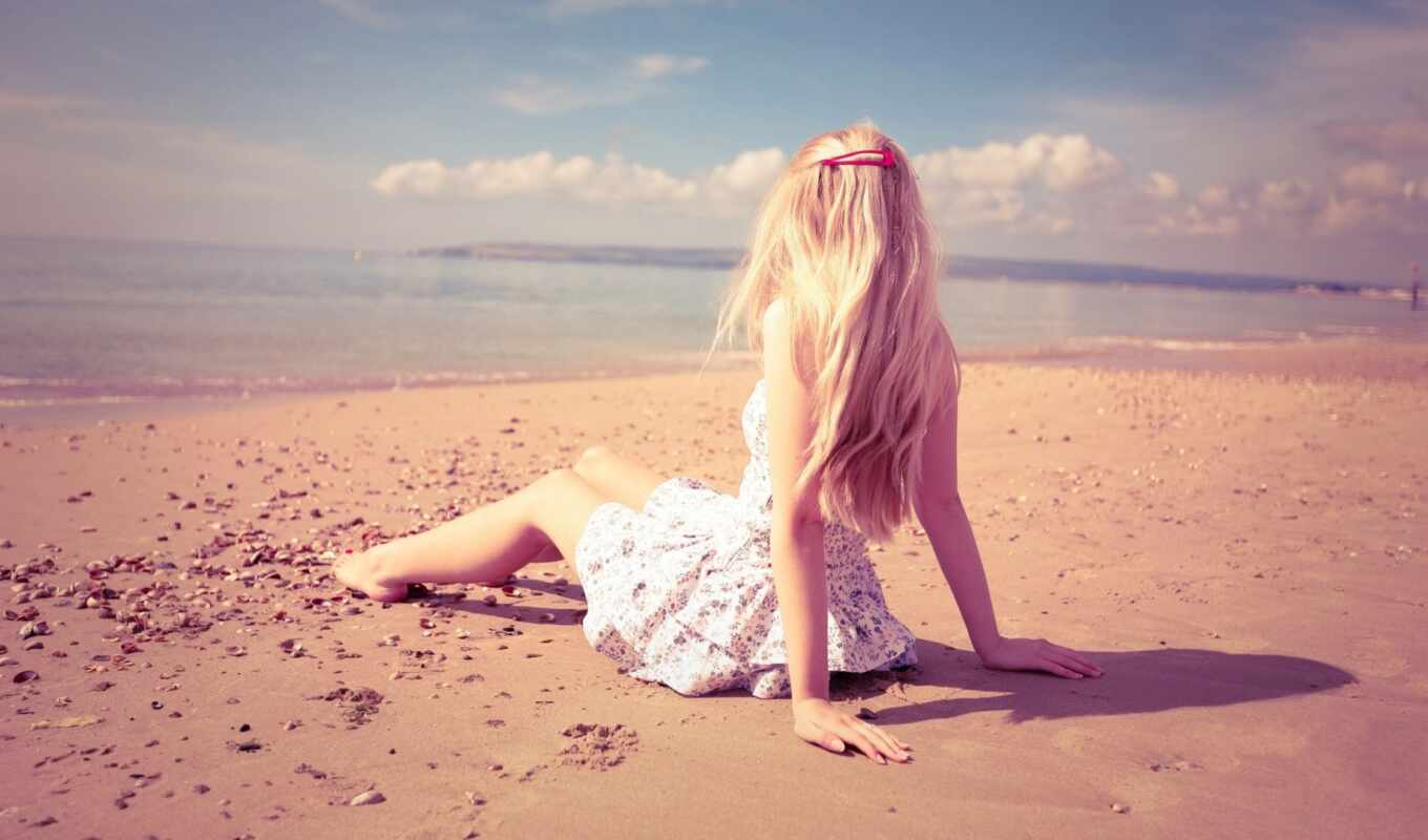 girl, white, woman, beach, blonde, hair, sea, sand, dress, long, outdoors