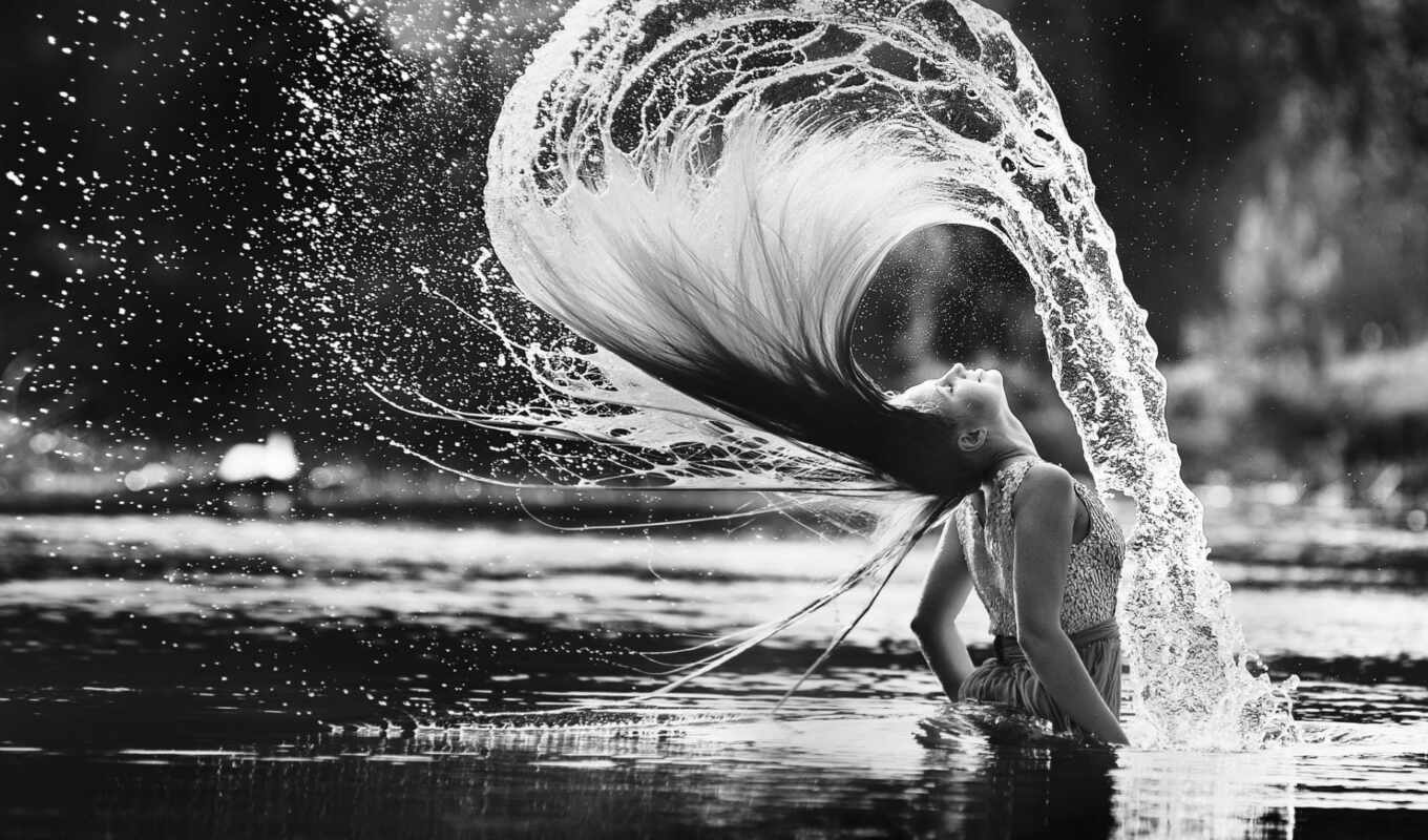 girl, water, hair, wave, splash, black and white