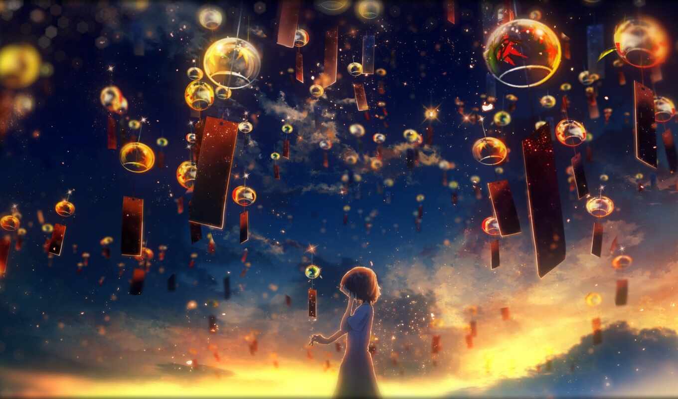 sky, art, anime, lantern, ysk