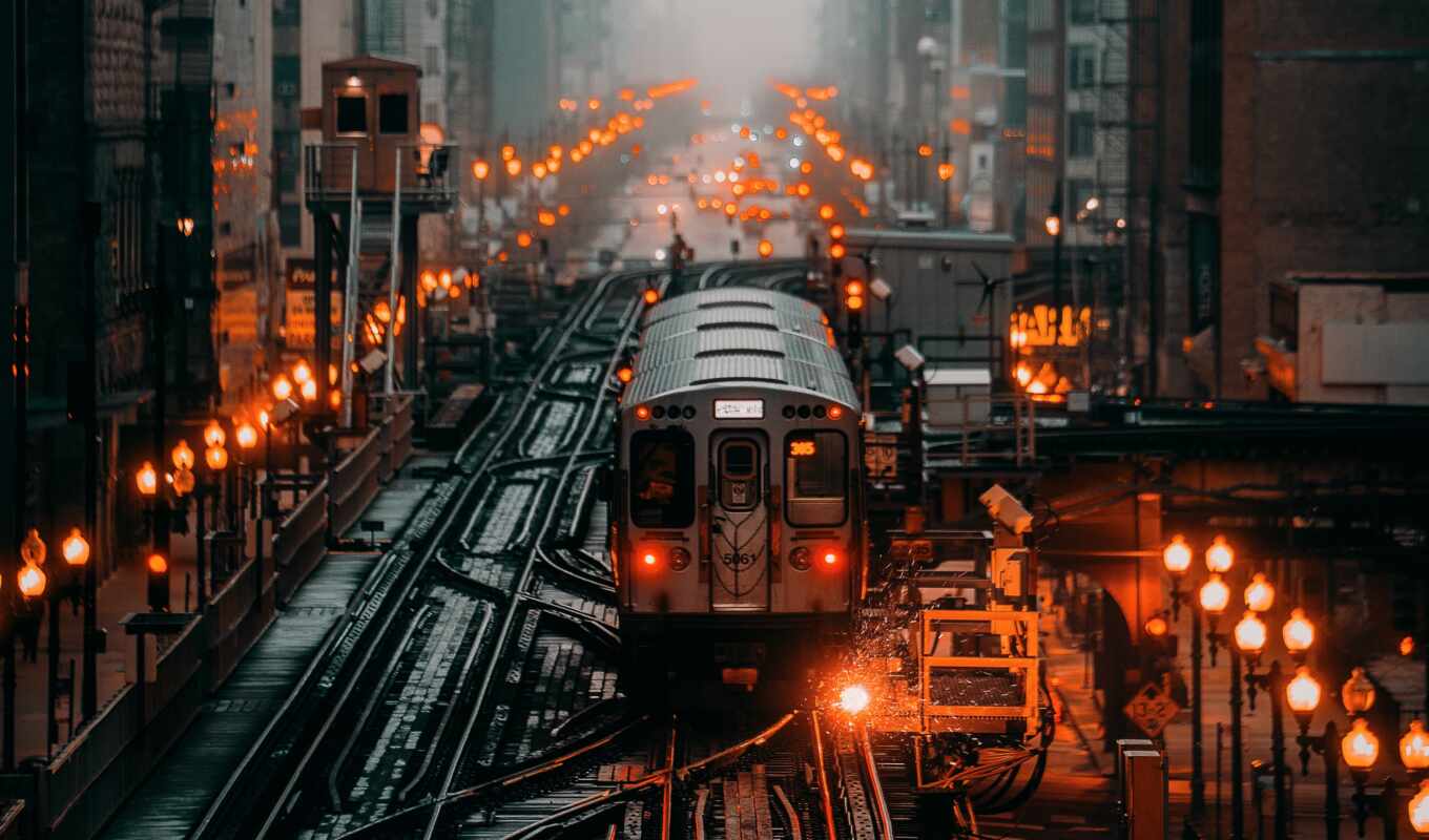 city, street, a train, lights, iron, chicago