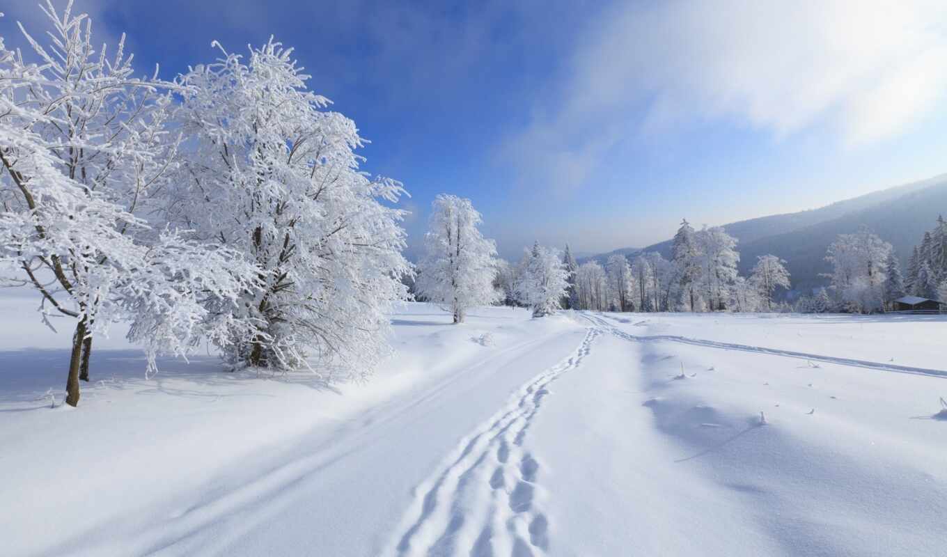 winter, снег, trees, landscape, горы, природа, небо, иней, лес, oblaka, 