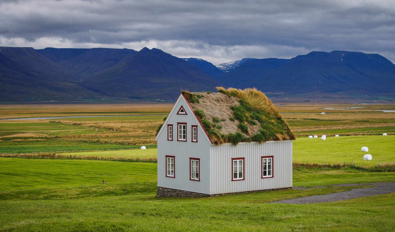 house, grass, mountain